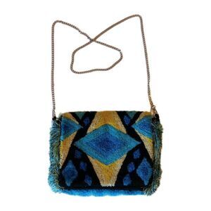 Vintage Retro Mod Topshot Purse Metal Chain Strap Carpet Fringe Small Geometric